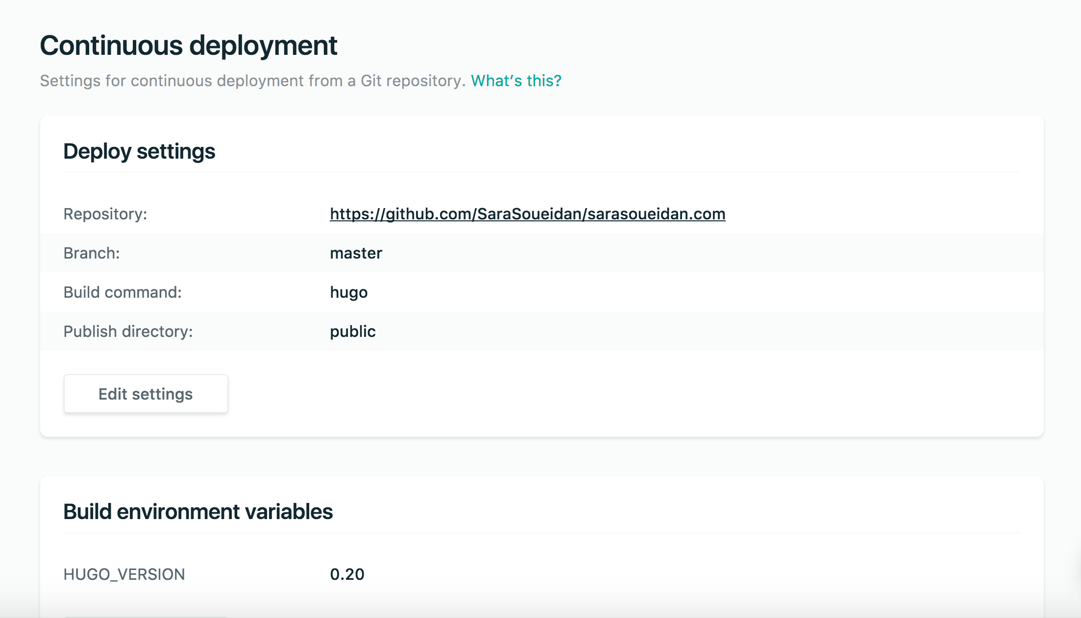 Paramètres de déploiement et variables environnement dans le tableau de bord de Netlify.