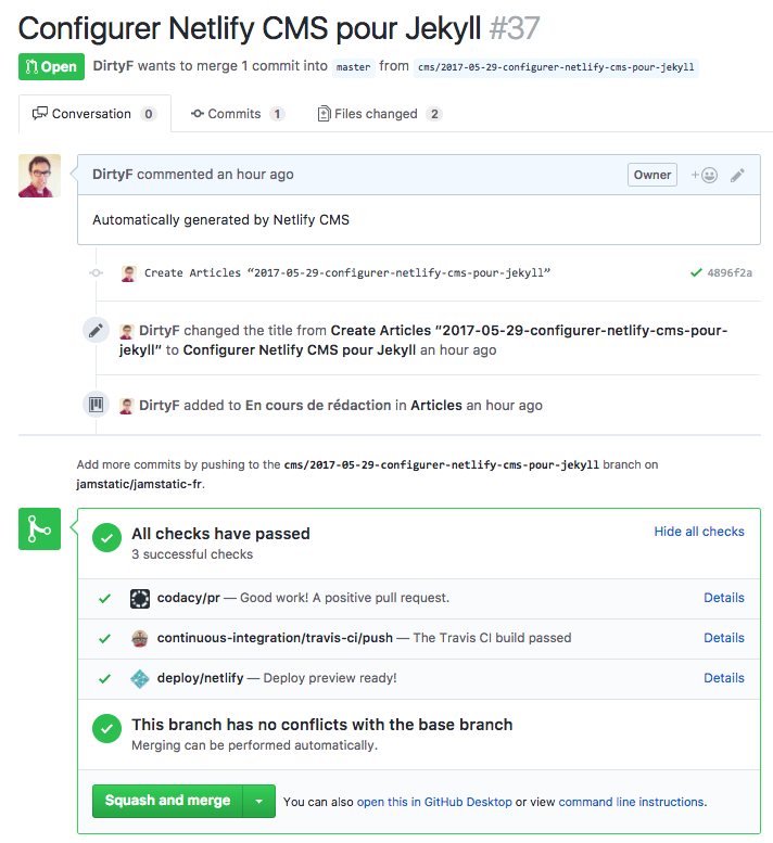 Lors de la sauvegarde d’un nouvel article, une pull request est créée sur GitHub avec un lien vers une URL de prévisualisation. Lors de la sauvegarde d’un nouvel article, une pull request est créée sur GitHub avec un lien vers une URL de prévisualisation