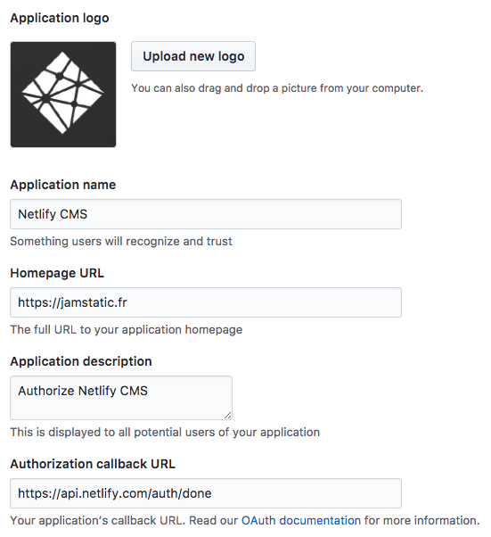 Configuration de l’application Oauth dans GitHub. Configuration de l’application Oauth dans GitHub