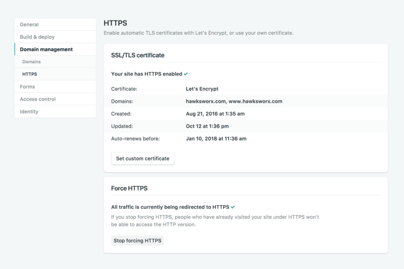La configuration de SSL chez Netlify avec renouvellement automatique des certificats grâce à Let’s Encrypt. La configuration de SSL chez Netlify avec renouvellement automatique des certificats grâce à Let’s Encrypt