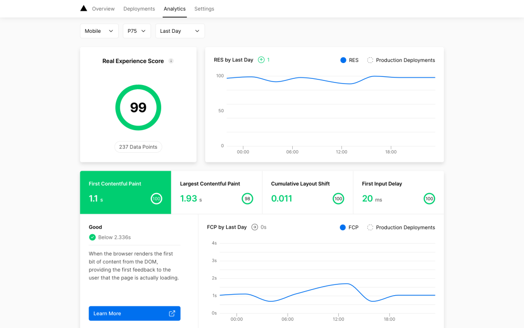 Le tableau de bord des métriques de performance utilisateur de Vercel affiche un score d'expérience réelle, ici pour les 3/4 des utilisateurs de téléphone mobile sur un site généré avec Next.js. Le tableau de bord des métriques de performance utilisateur de Vercel affiche un score d'expérience réelle, ici pour les 3/4 des utilisateurs de téléphone mobile sur un site généré avec Next.js.